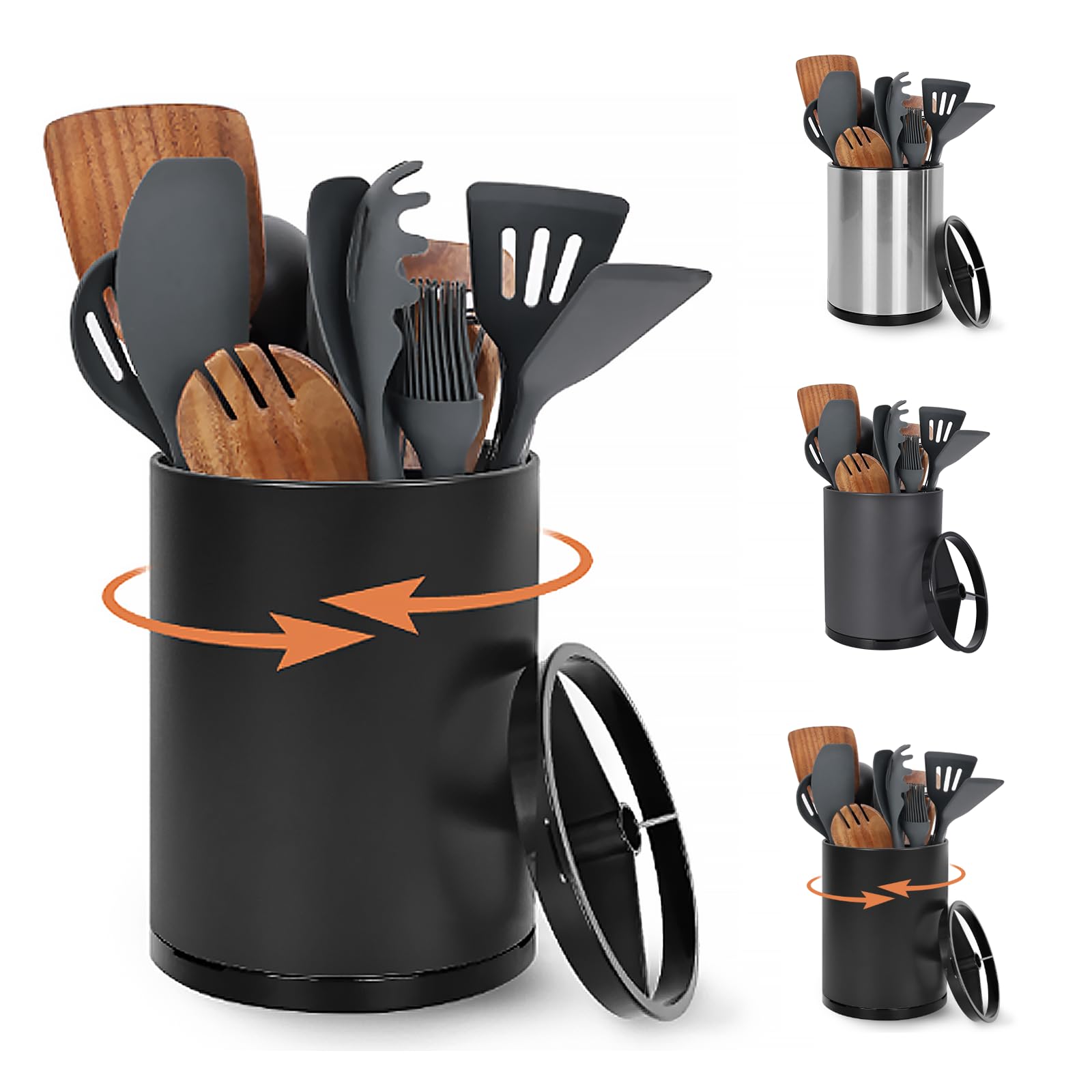 Nigelia utensil holder 360-degree rotation for easy access and clutter control.