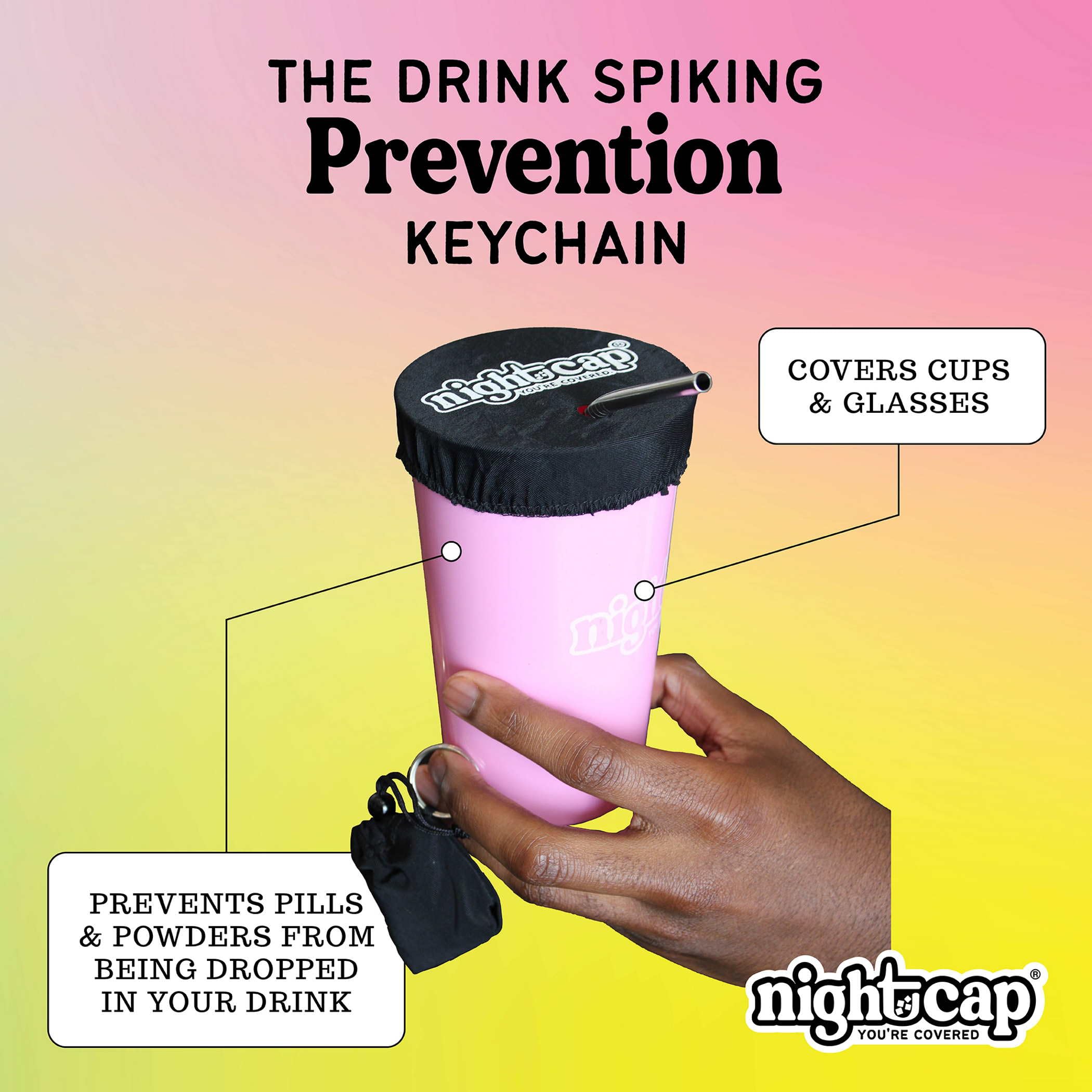 NightCap drink cover over a cup blocks debris while sipping