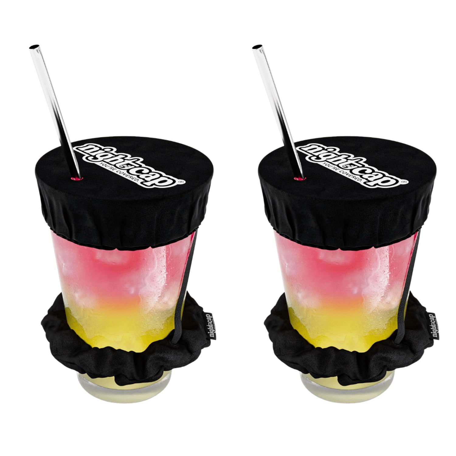 Nightcap drink cover scrunchie in black for a 2-pack, spill protection.