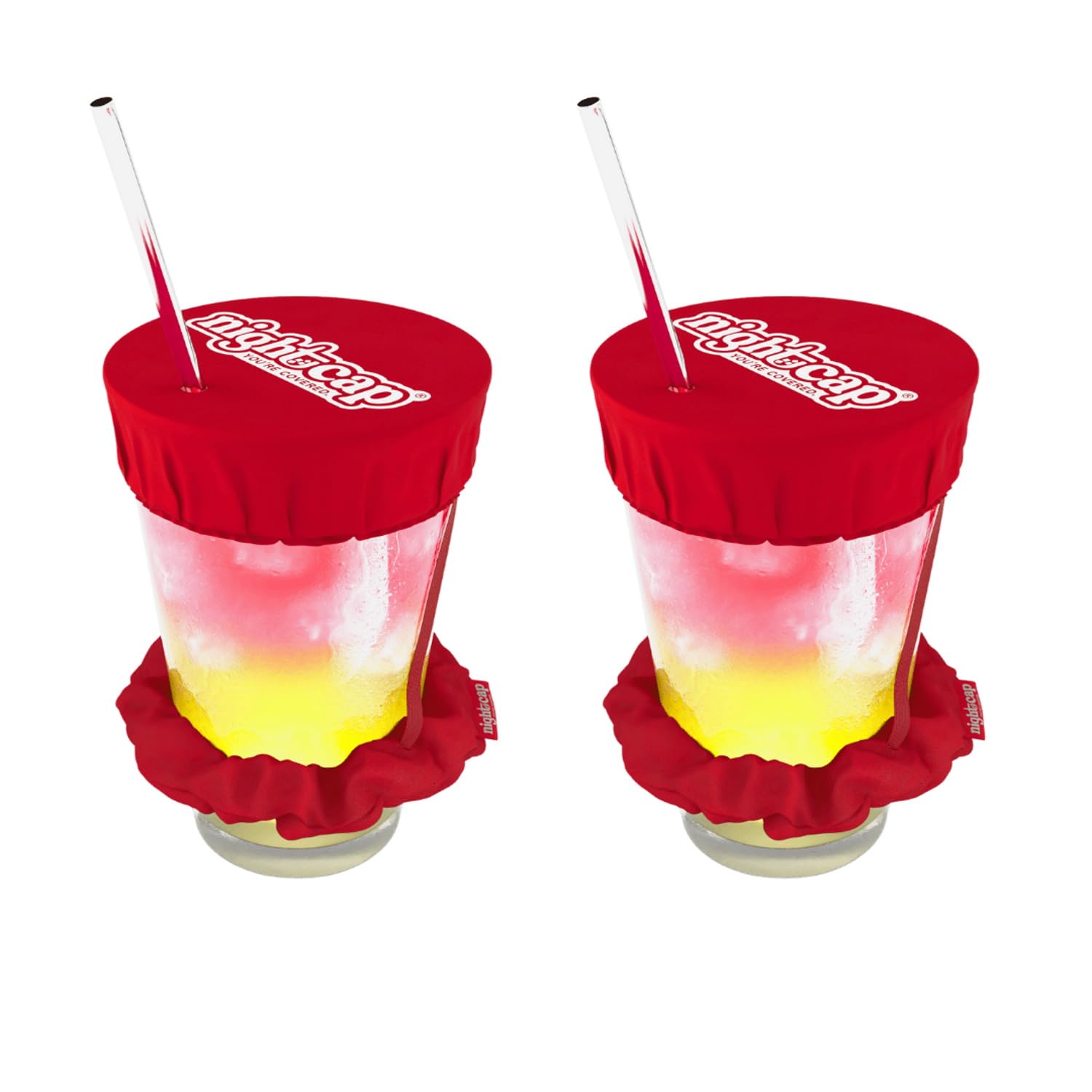 Nightcap drink cover scrunchie worn on the wrist protects drinks from tampering.