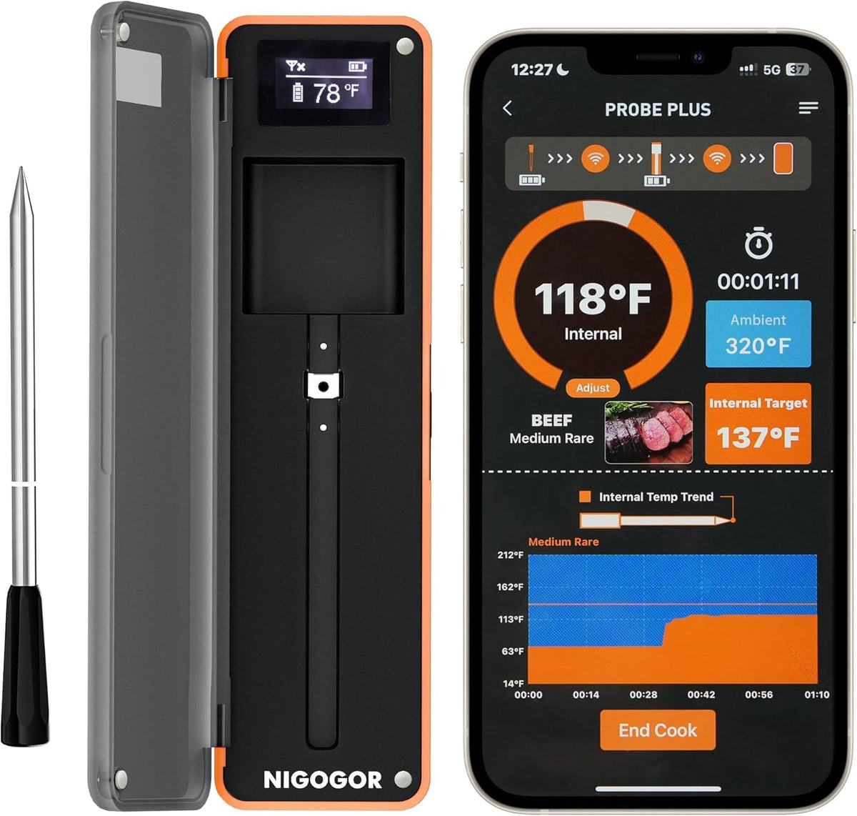 NIGOGOR smart wireless thermometer probe ready for flexible indoor or outdoor cooking