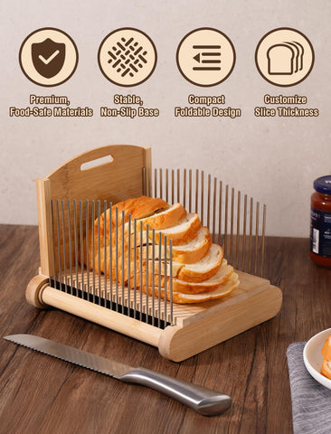 NiHome adjustable thickness dial on bamboo slicer for perfect toast or sandwich slices.