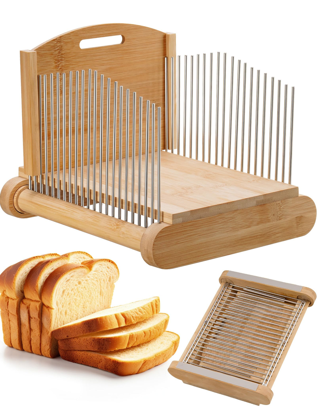 NiHome assembled bread slicer with bamboo base and metal rails for safe cutting.