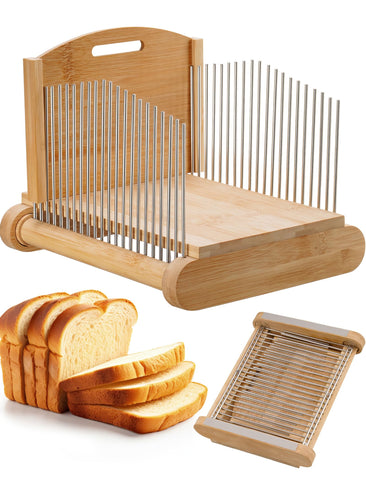 NiHome assembled bread slicer with bamboo base and metal rails for safe cutting.