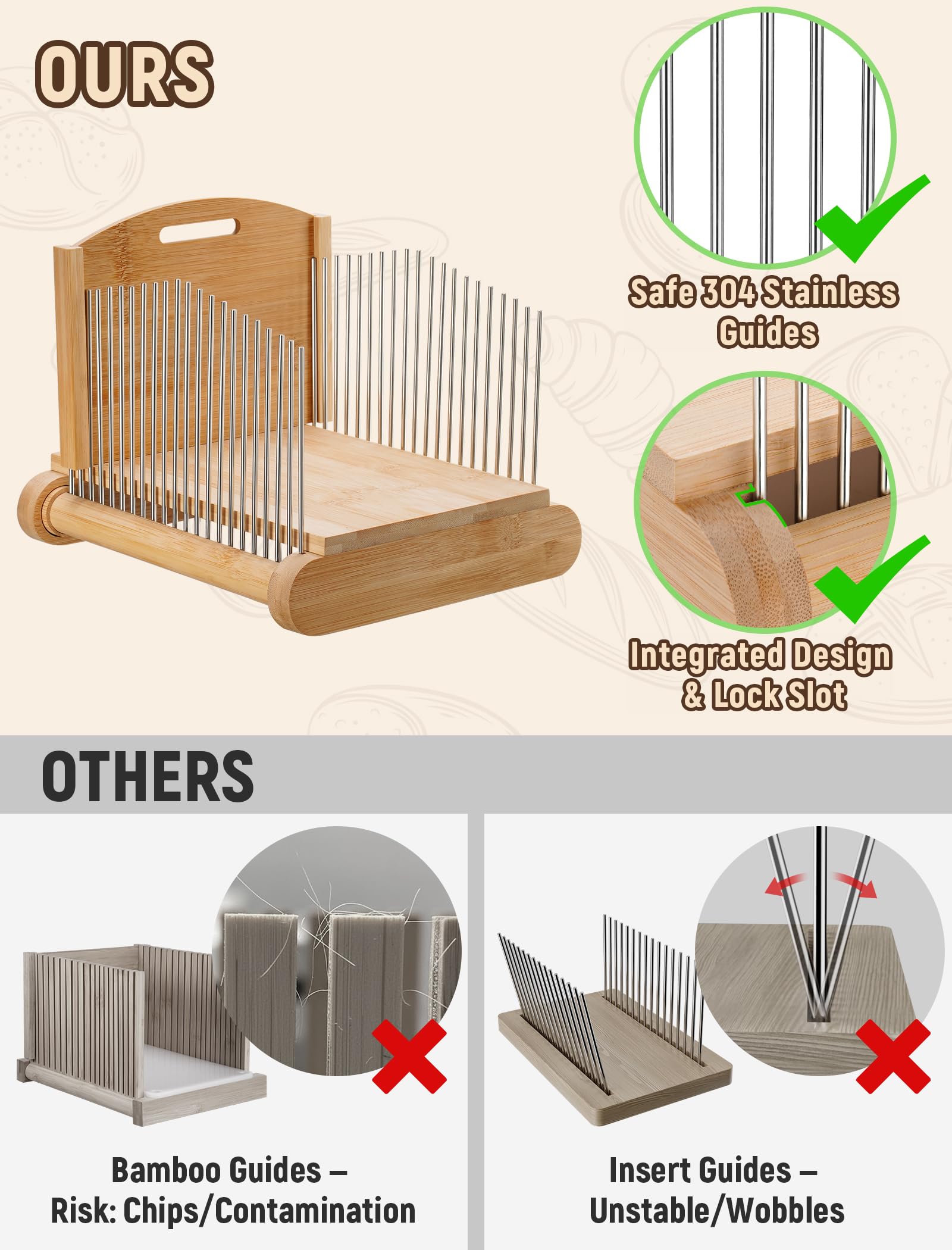 NiHome bamboo bread slicer close-up of stainless steel guides ensuring clean cuts.