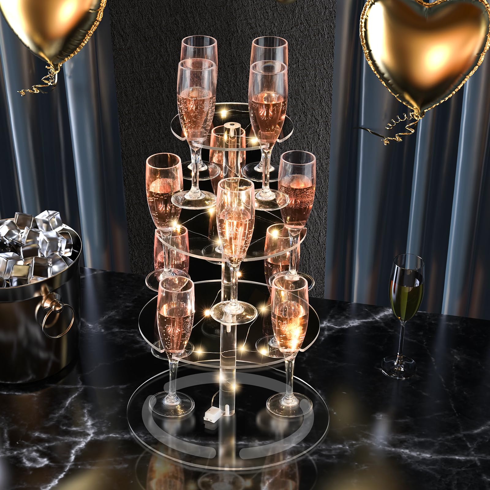NiHome champagne tower with string light adds warm ambiance to events