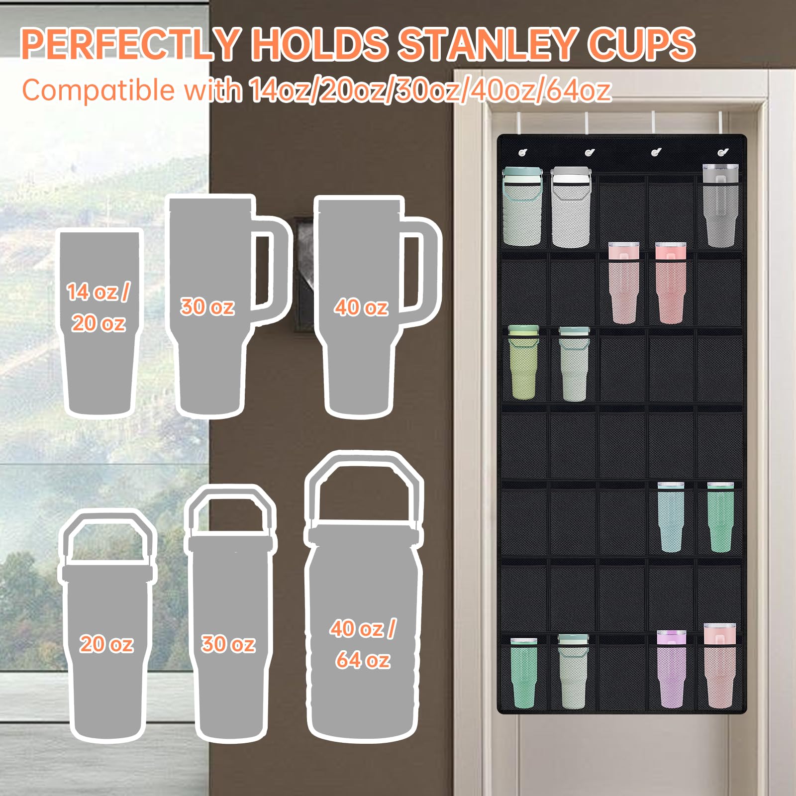 NiHome elastic mesh pockets keep cups secure and easy to grab.