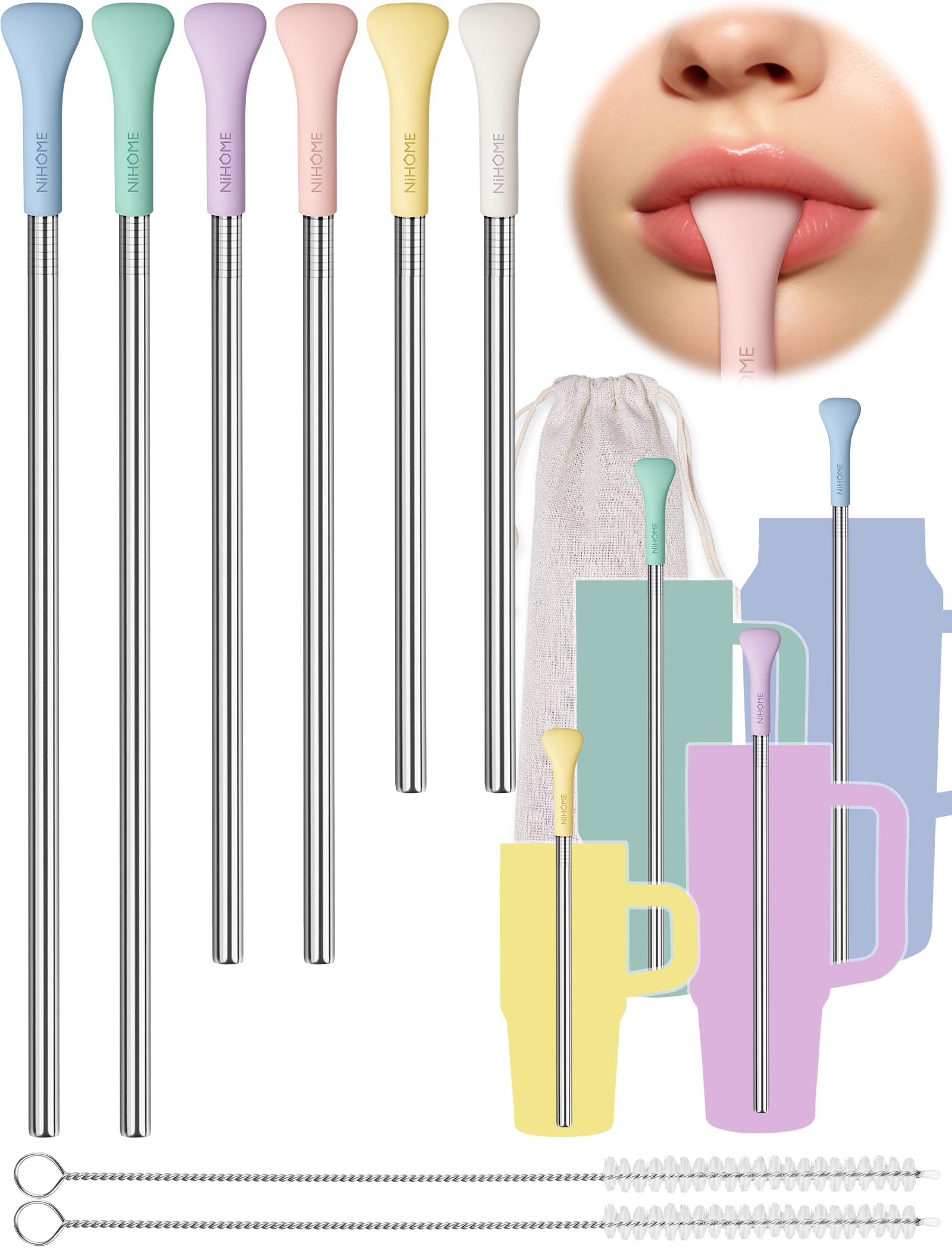 NiHome macaron anti-wrinkle flat-tip straw assembly for comfortable sipping.