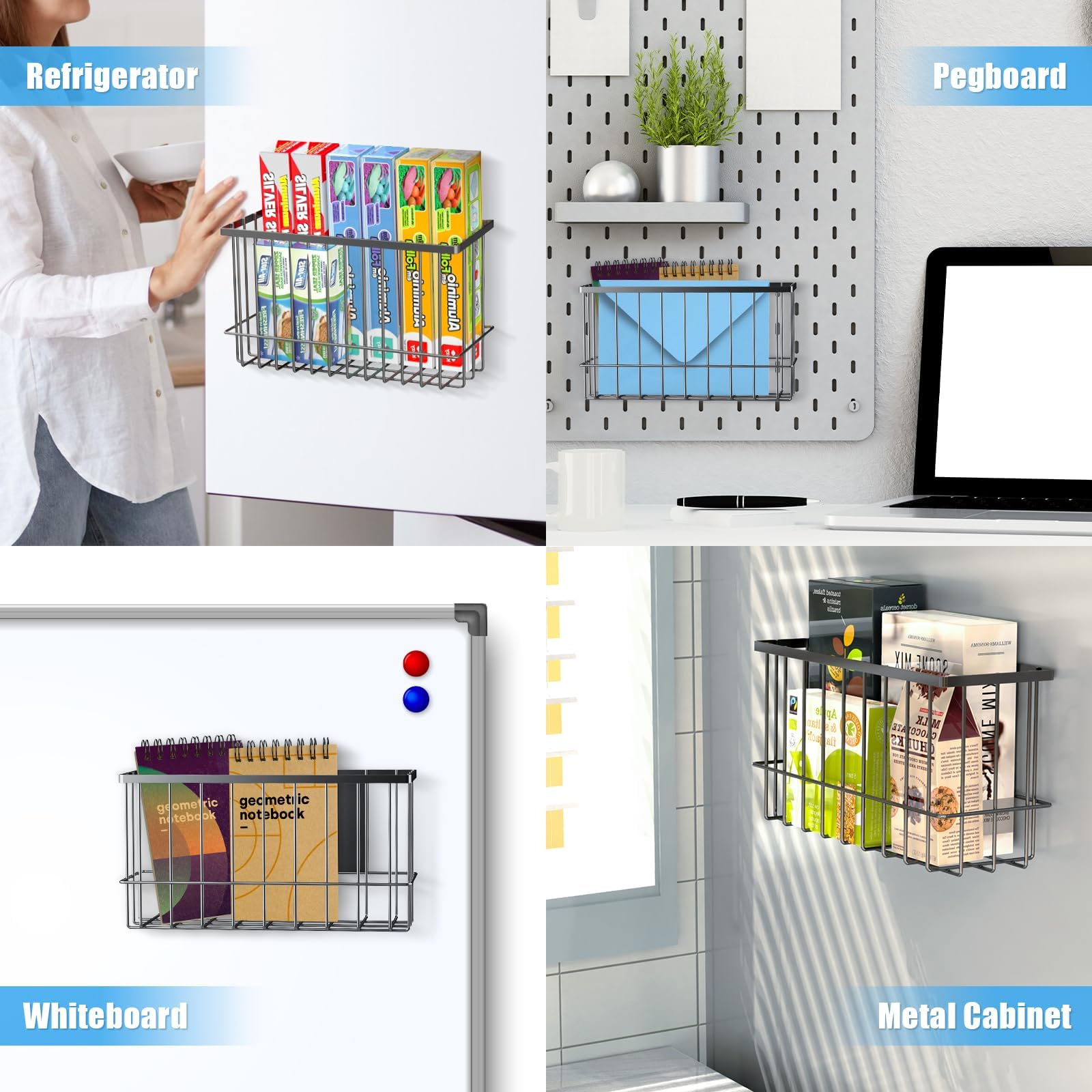 NiHome office magnetic basket storage for stationery and clips on magnetic surfaces.