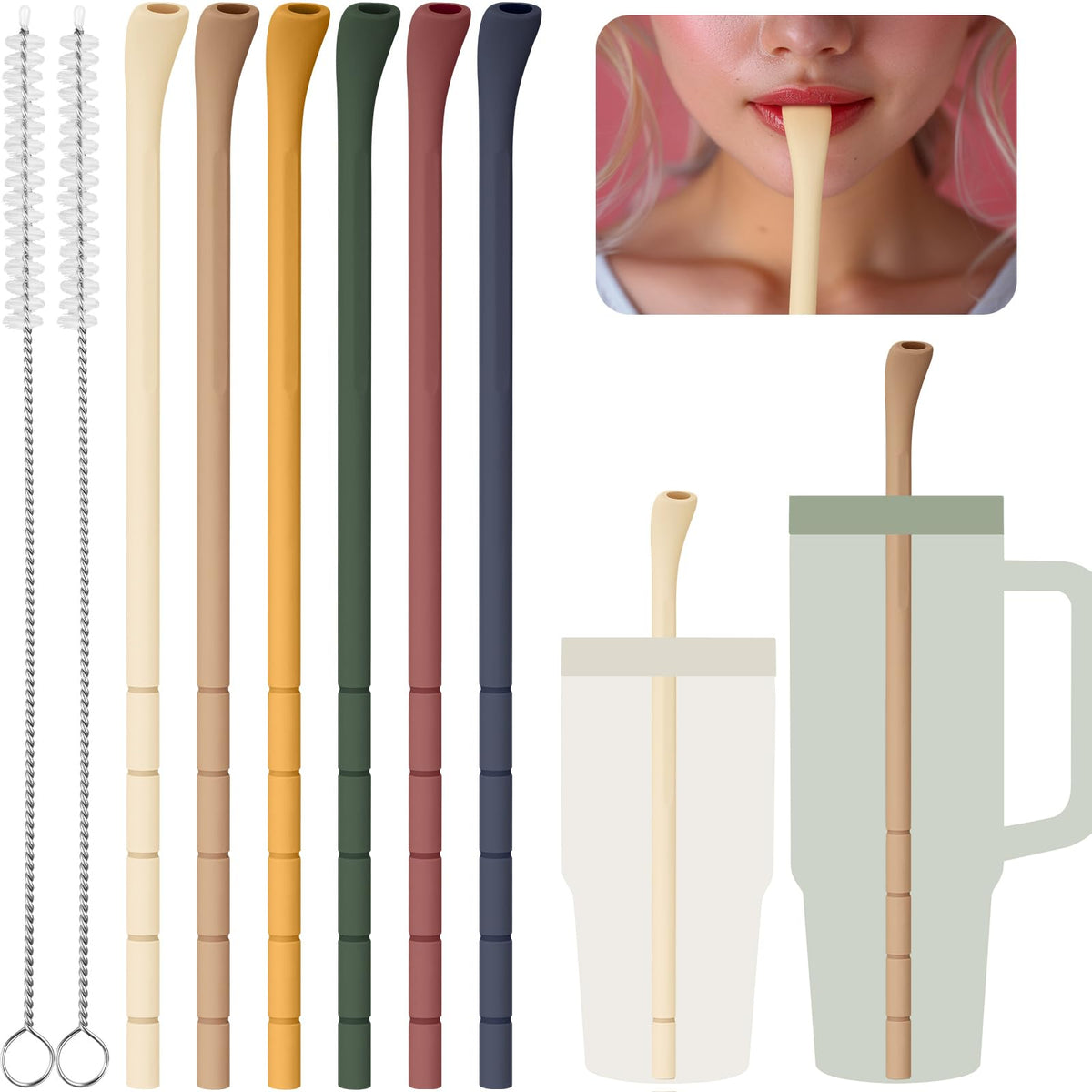 NiHome silicone anti-wrinkle straw set in multiple colors for 40oz bottles, comfortable sip.