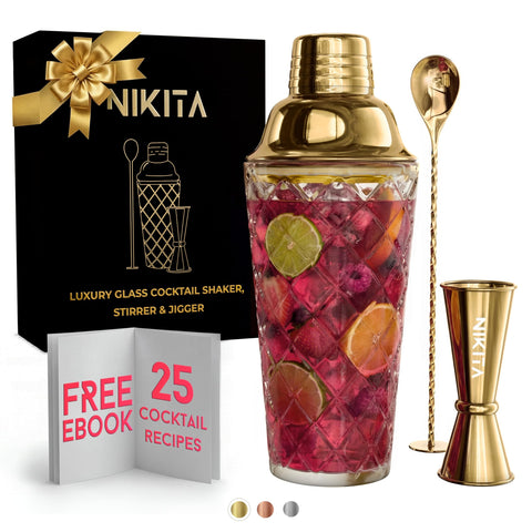 Nikita By Niki glass cocktail shaker set in gold finish for stylish home entertaining.