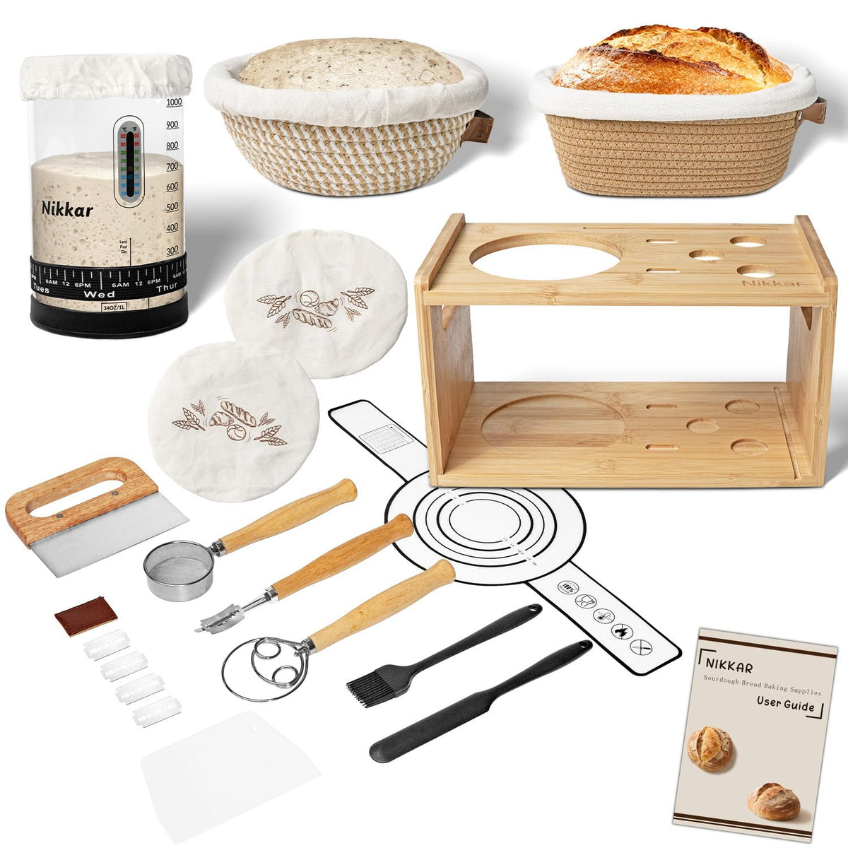 Nikkar complete sourdough starter kit on bamboo rack keeps tools organized for bakers