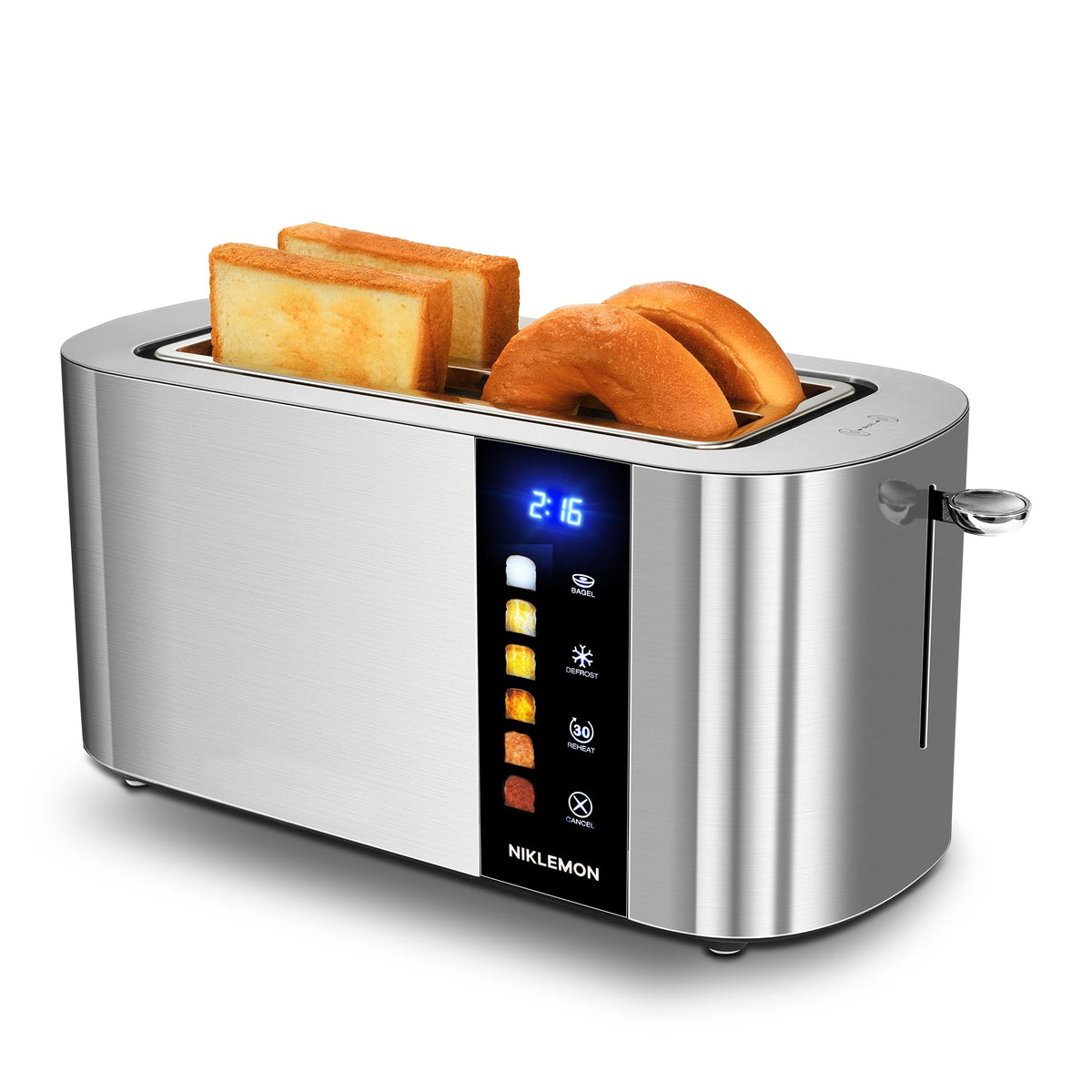 NIKLEMON 4-slice toaster front view in a modern kitchen, showcasing its sleek stainless steel design