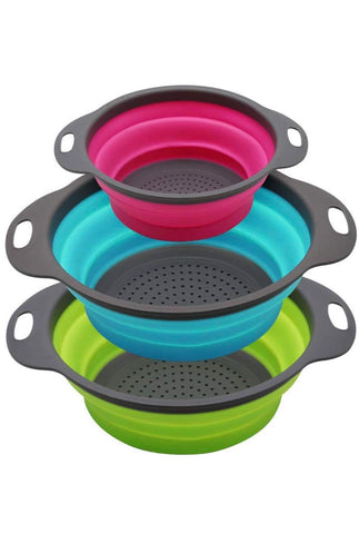 Niklye 10-inch collapsible colander ready for compact storage and quick draining.