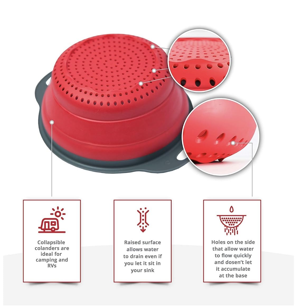 Niklye collapsible colanders neatly stacked for drawer storage in a busy kitchen.