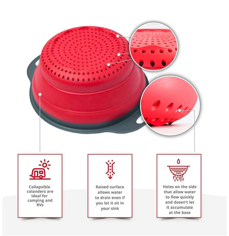 Niklye collapsible colanders neatly stacked for drawer storage in a busy kitchen.