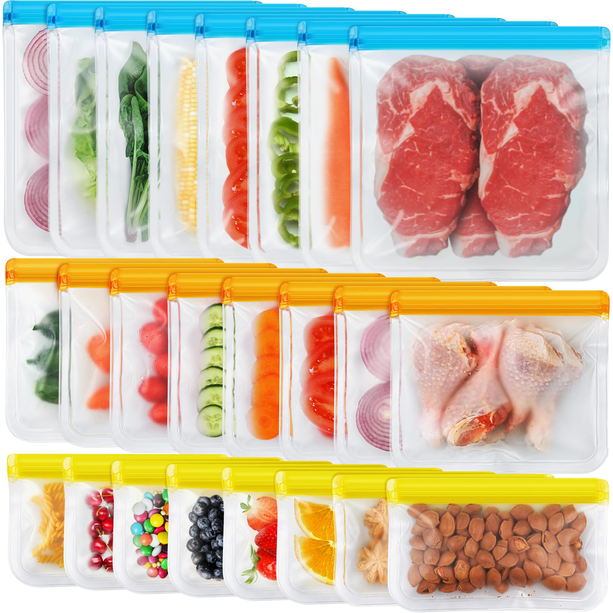 NIKUY 24-pack dishwasher-safe silicone bags keeping food fresh and organized