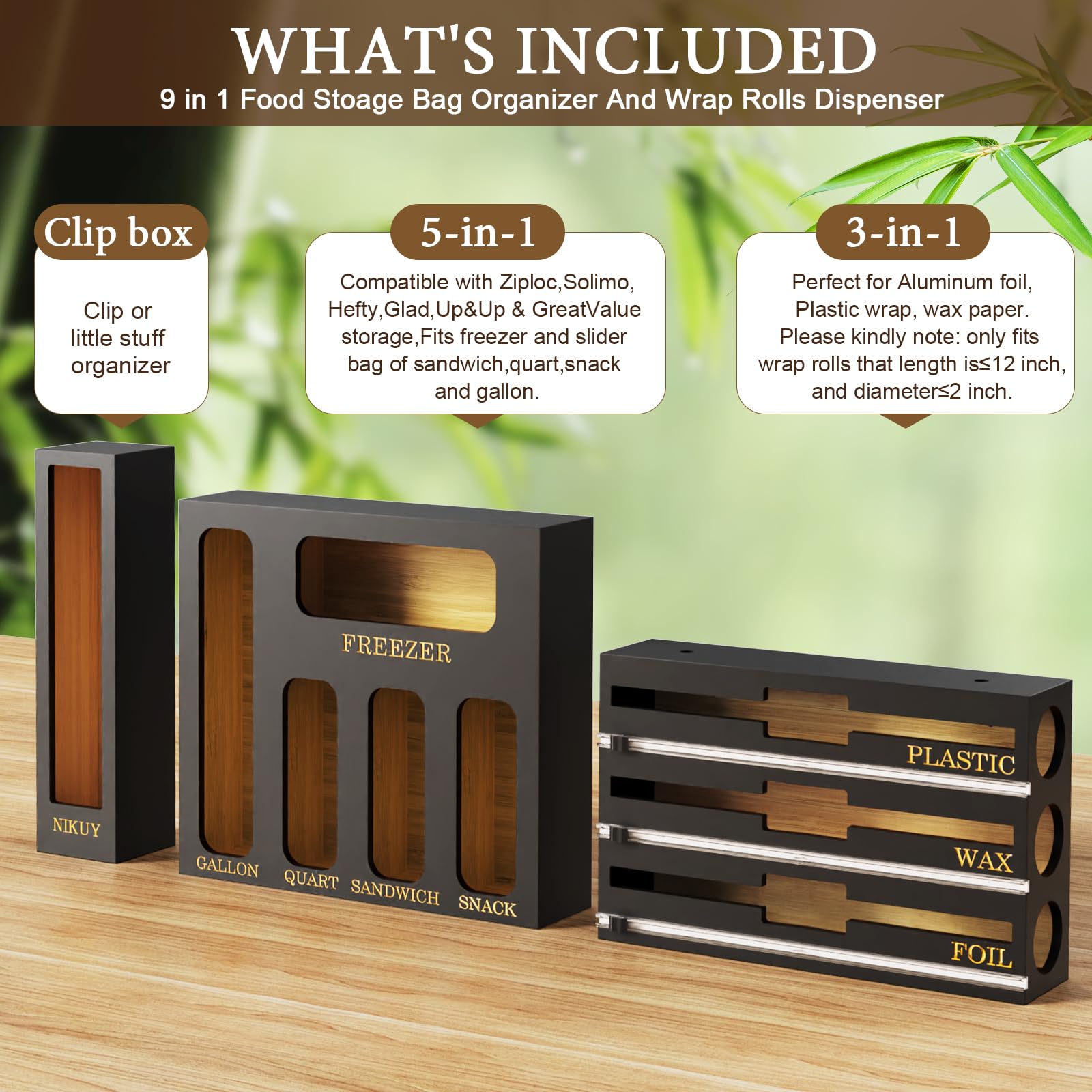NIKUY bamboo baggie organizer keeps sandwich and snack bags neatly arranged.