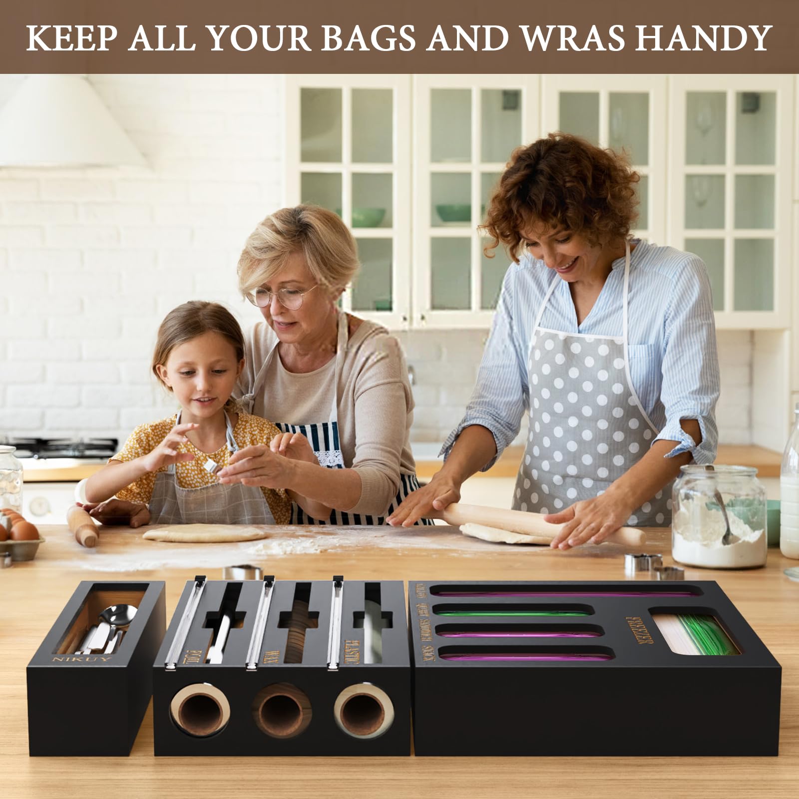 NIKUY wrap dispenser with built in cutter simplifies foil and wrap use.