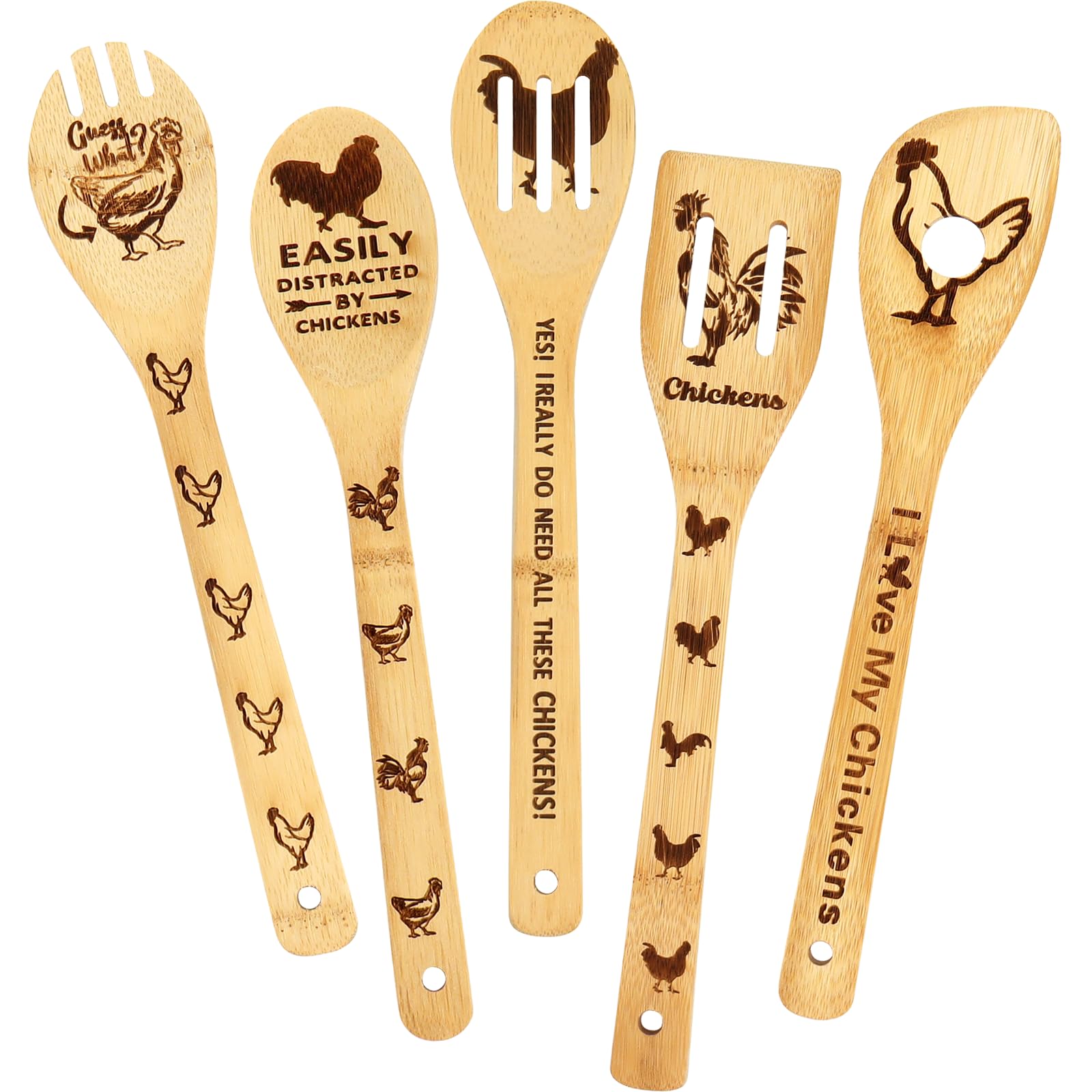 Ninivi Pioneer Woman rooster wooden spoons 5-piece set on a rustic counter for gifting and decor