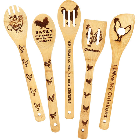 Ninivi Pioneer Woman rooster wooden spoons 5-piece set on a rustic counter for gifting and decor
