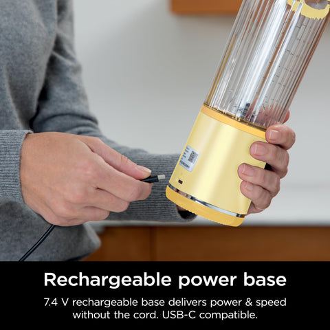 Ninja Blast USB-C recharge base shown with cable for portability