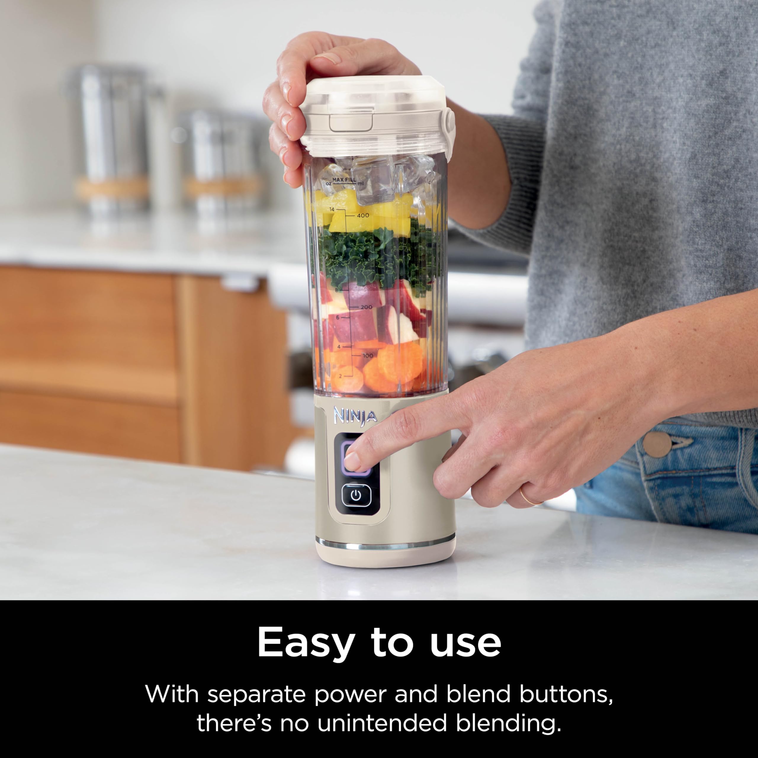Ninja Blast ribbed vessel design creates vortex for thorough blending.