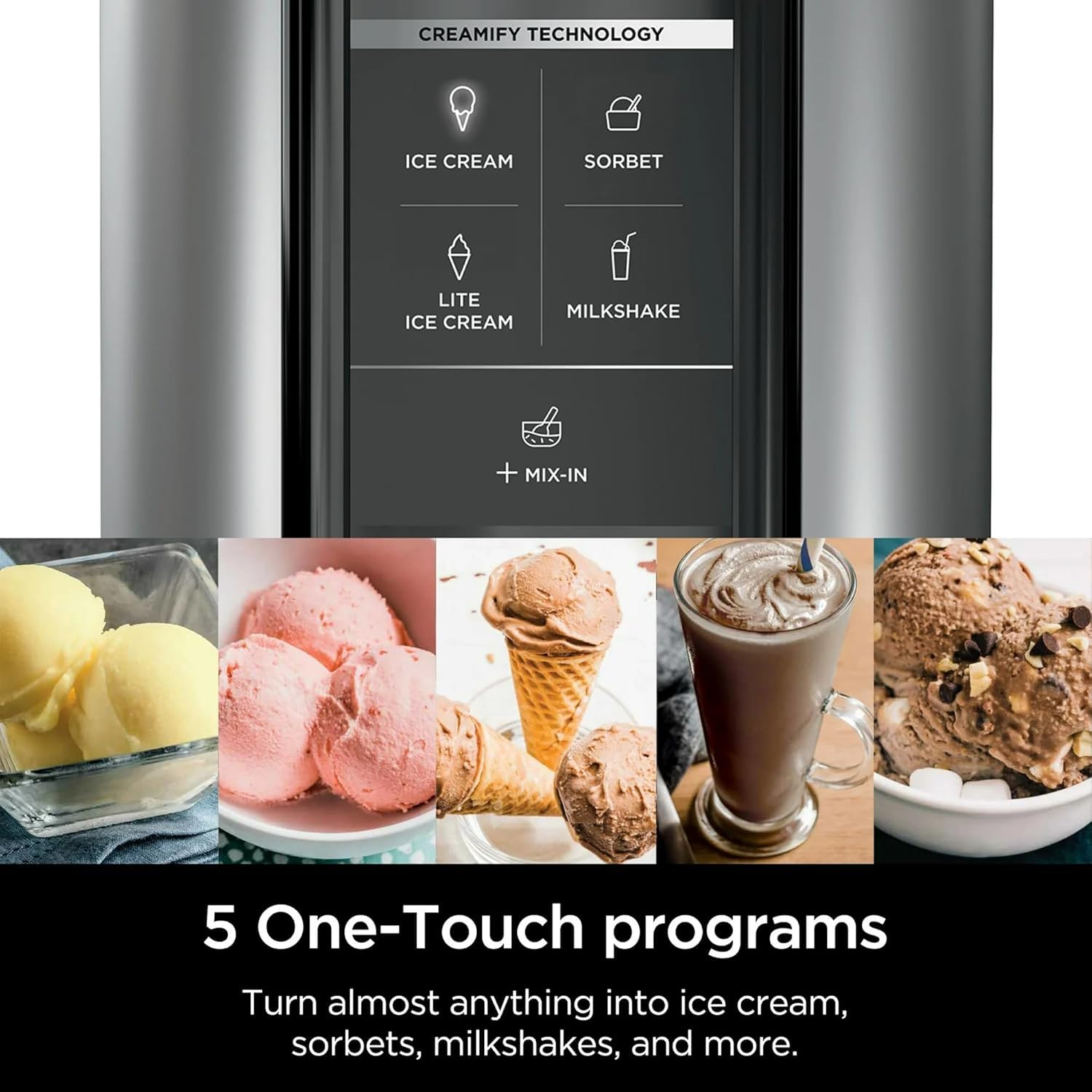 Ninja CREAMi NC300 control panel showing five programs for quick desserts