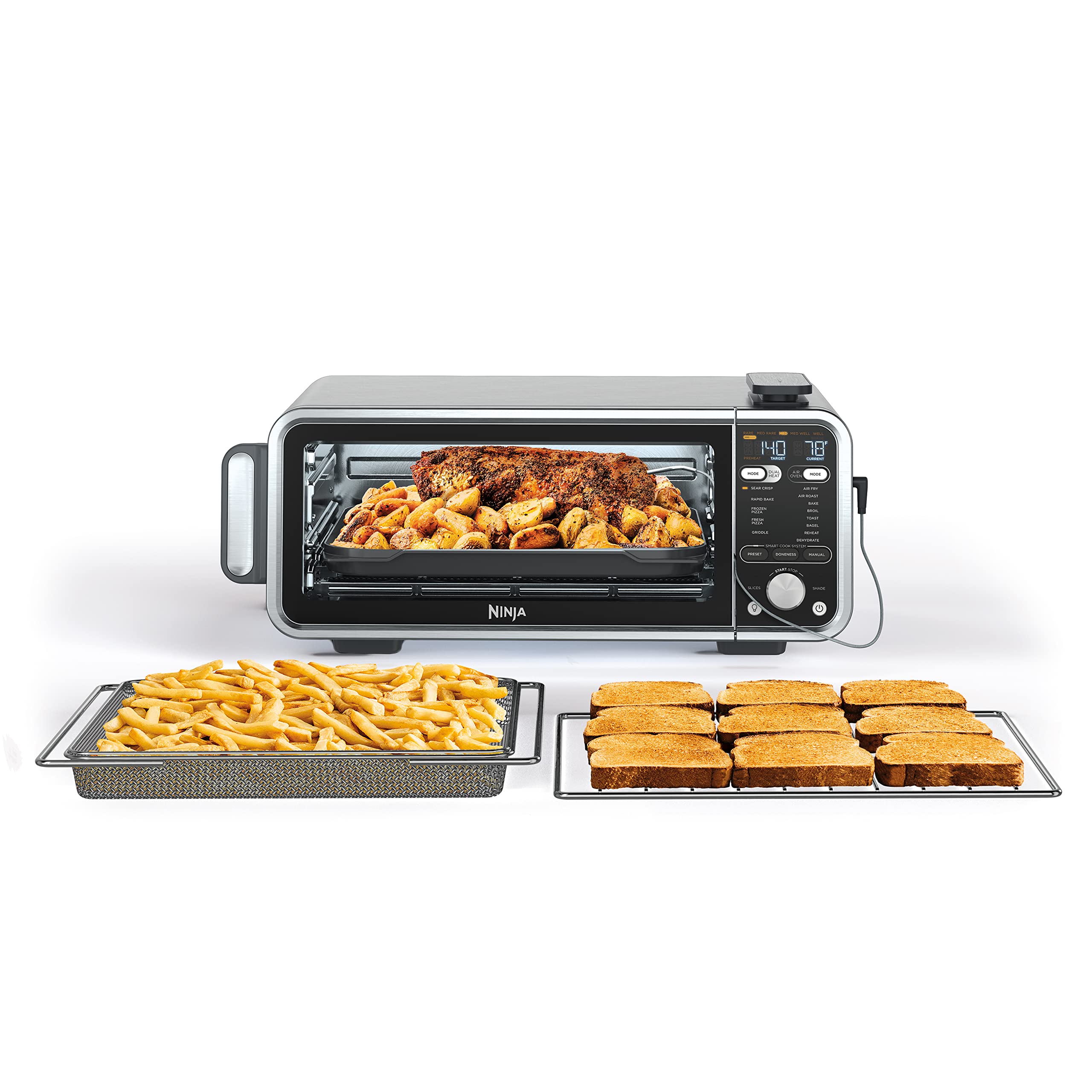 Ninja dual-heat oven front view shows a compact kitchen companion for quick meals.