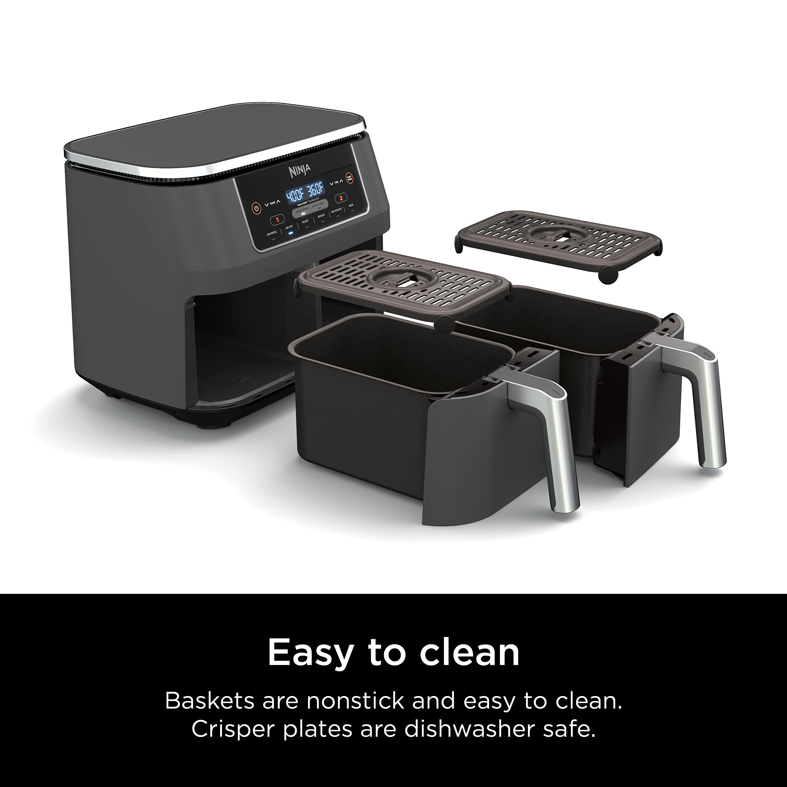 Ninja DZ201 easy cleaning baskets and dishwasher-safe crisper plates.