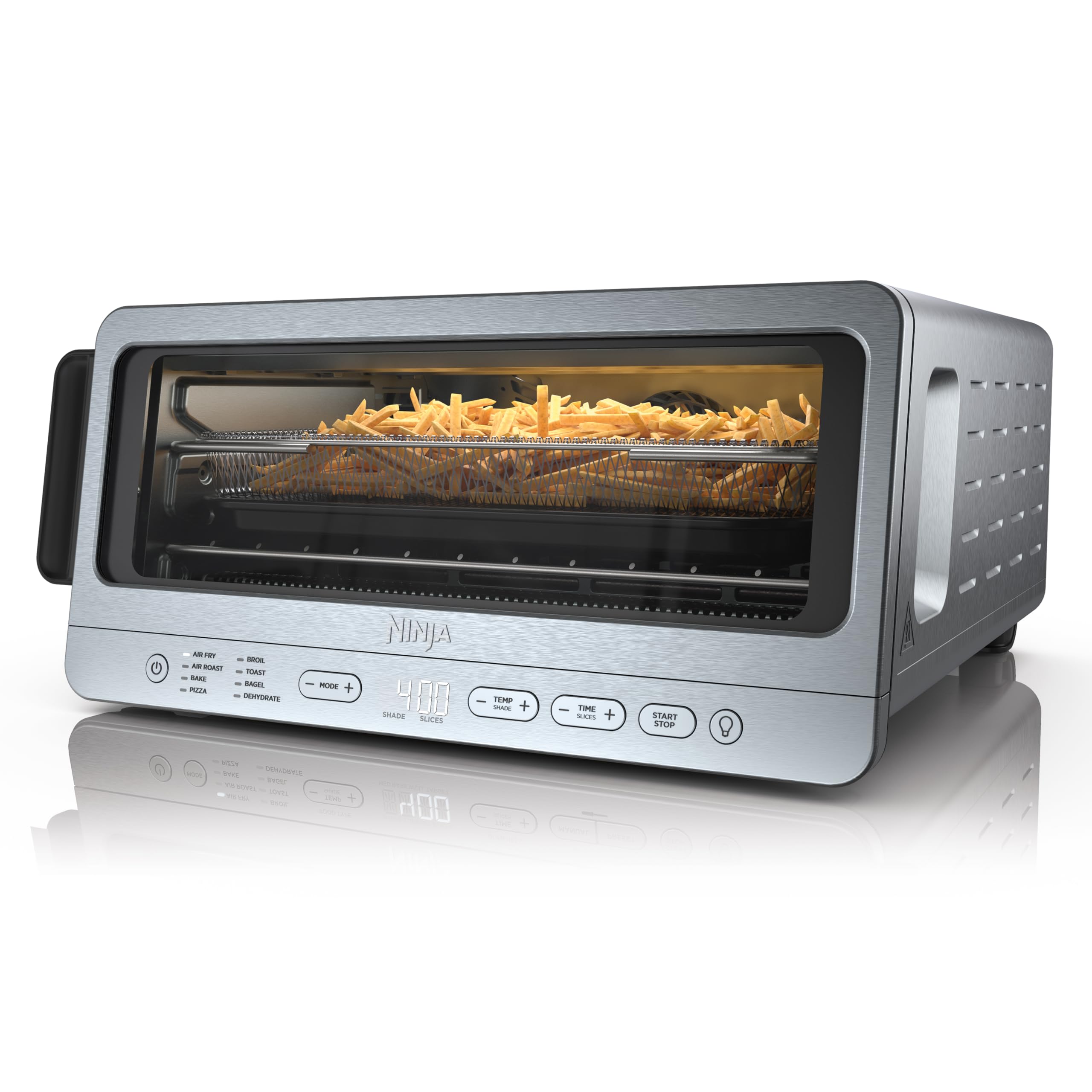 Ninja Flip Toaster Oven & Air Fryer front view showing compact stainless design and capacity