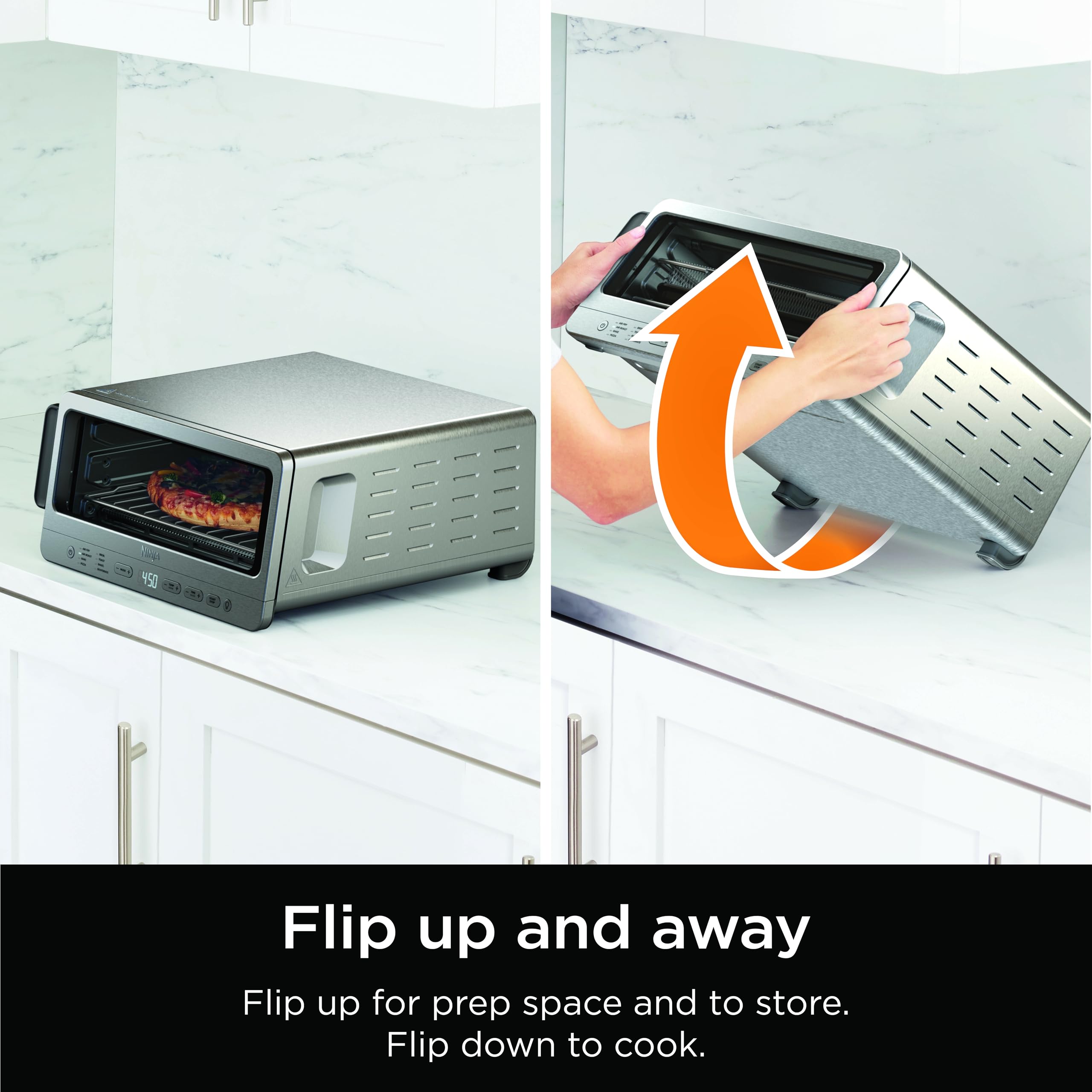 Ninja Flip Toaster Oven & Air Fryer lid open for loading and cooking