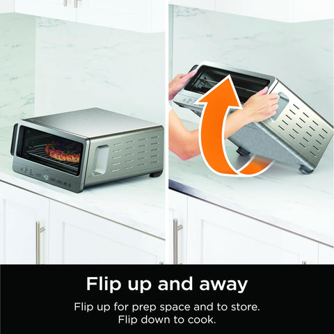 Ninja Flip Toaster Oven & Air Fryer lid open for loading and cooking