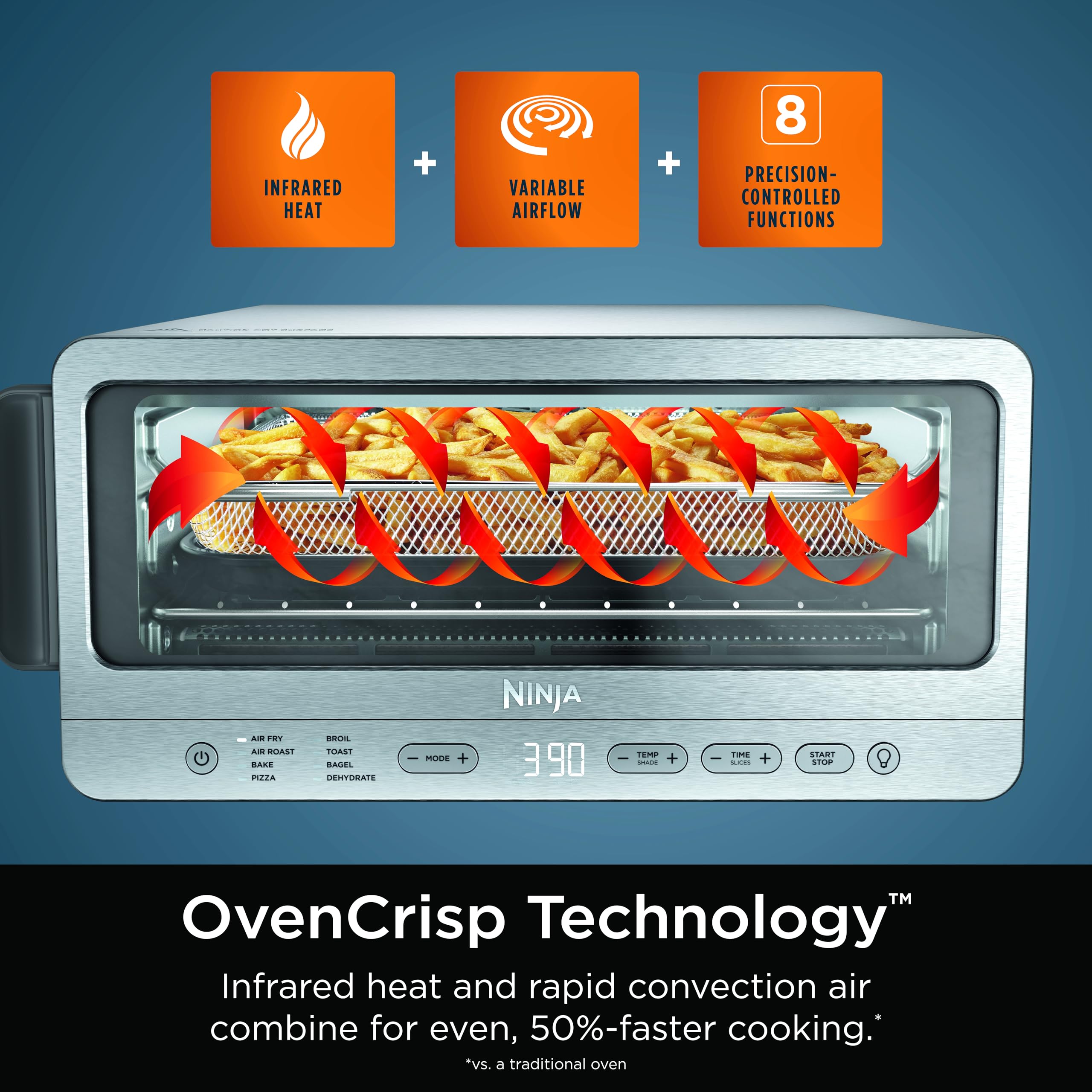 Ninja Flip Toaster Oven & Air Fryer Ovencrisp technology promotes even browning