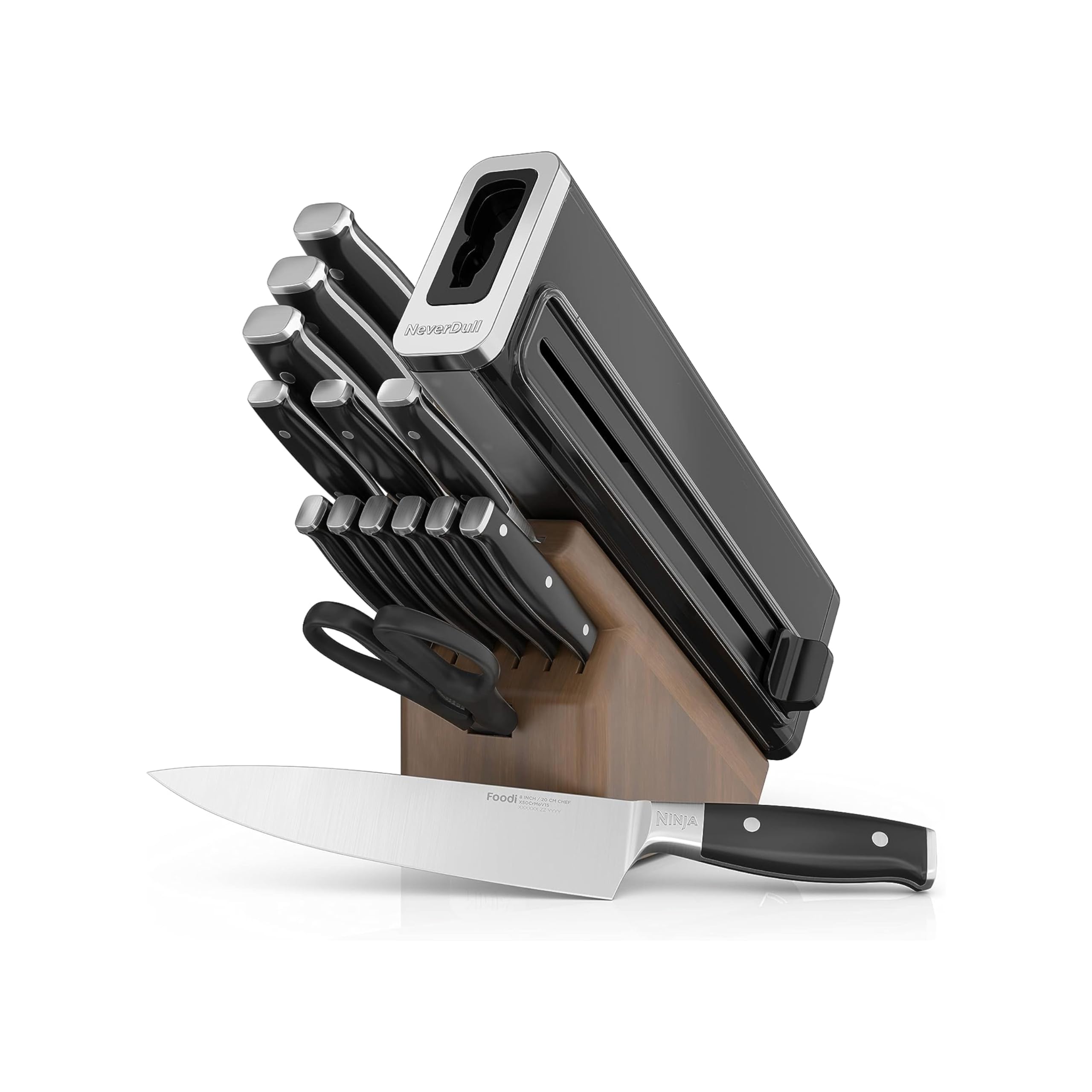 Ninja Foodi NeverDull walnut-block design enables elegant storage and quick access.