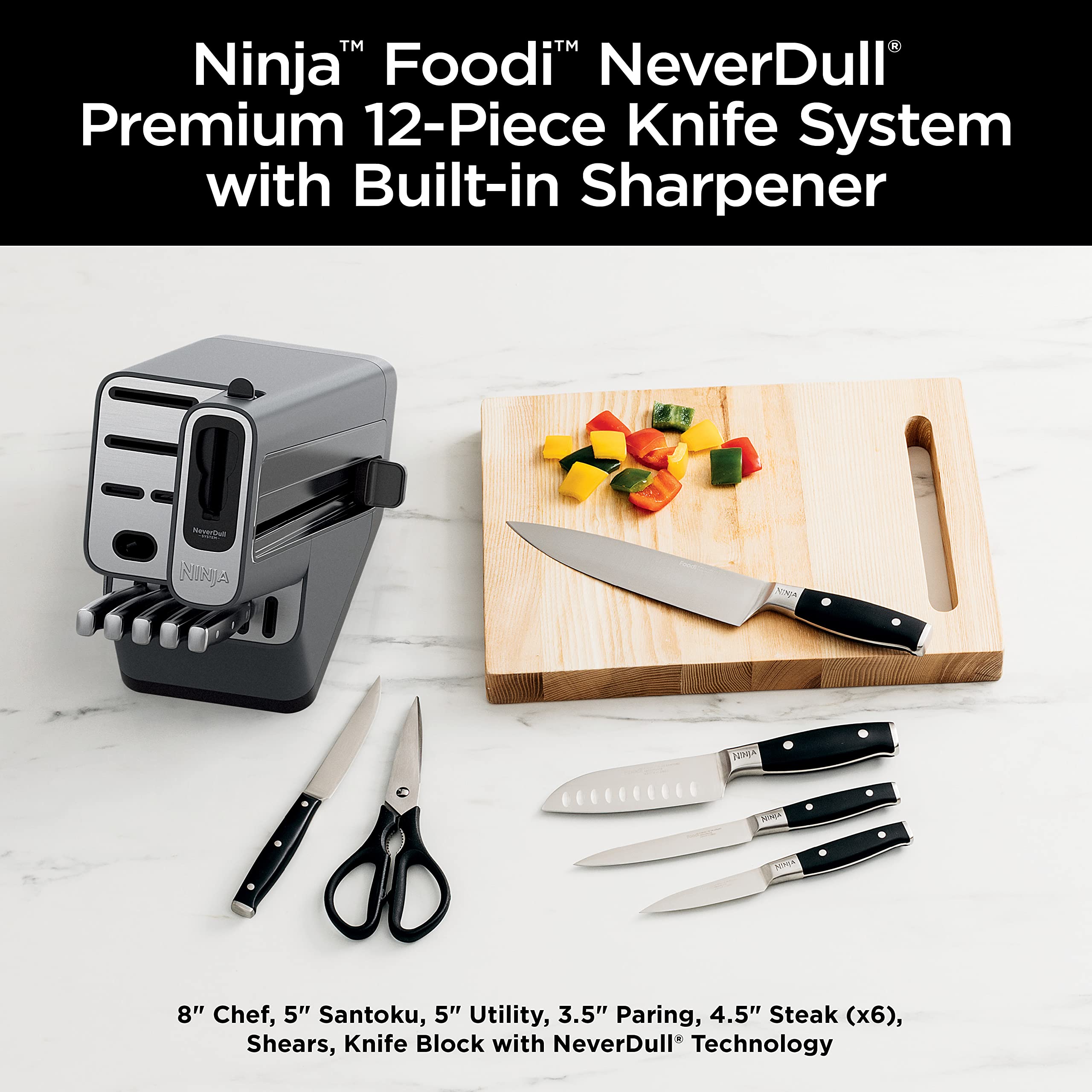 Ninja NeverDull 8-inch chef knife slices herbs with precision.