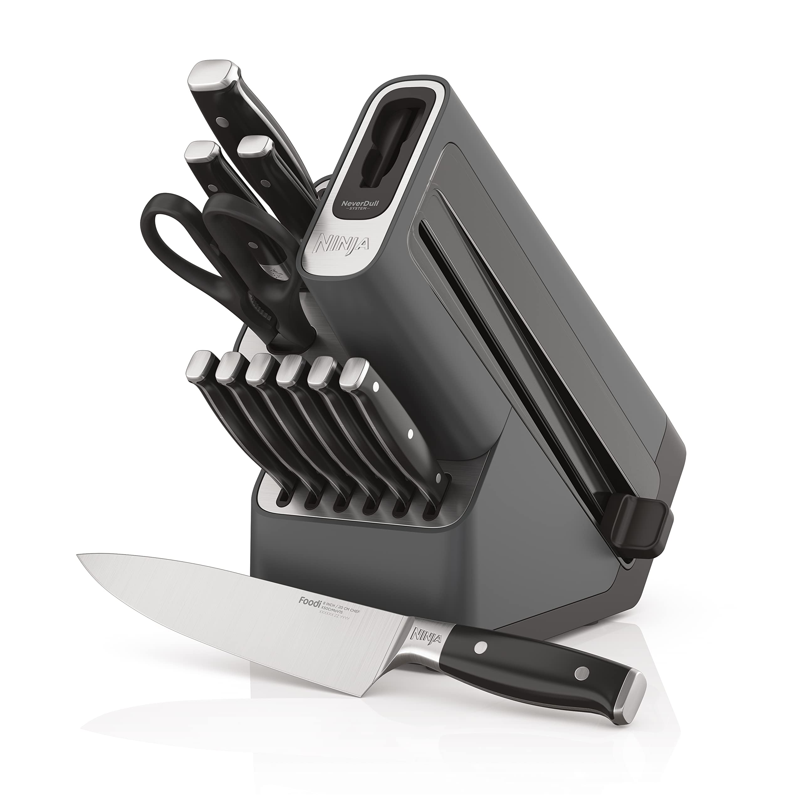 Ninja NeverDull 12-piece knife block set showcases razor edges for everyday prep.