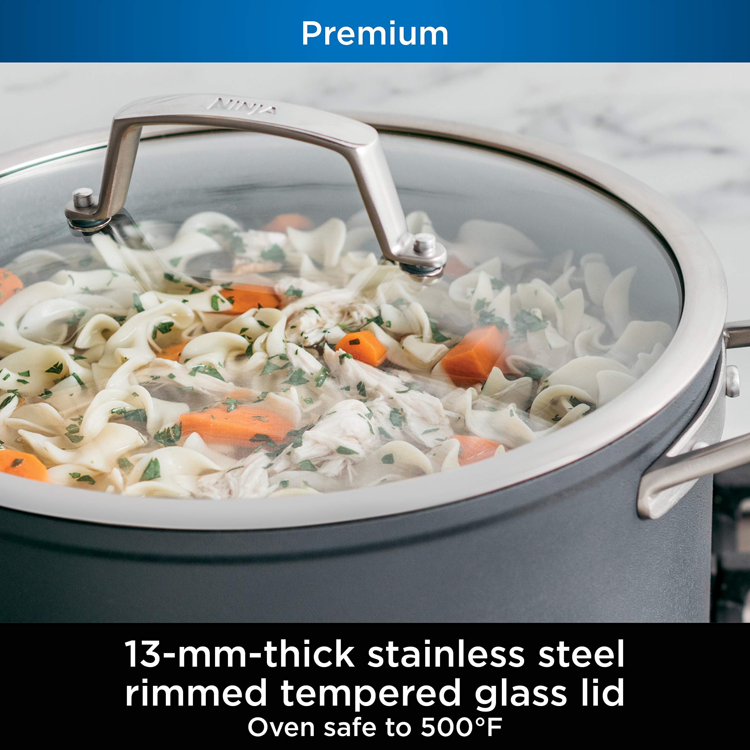 Ninja NeverStick 3-quart sauté pan with lid for browning.