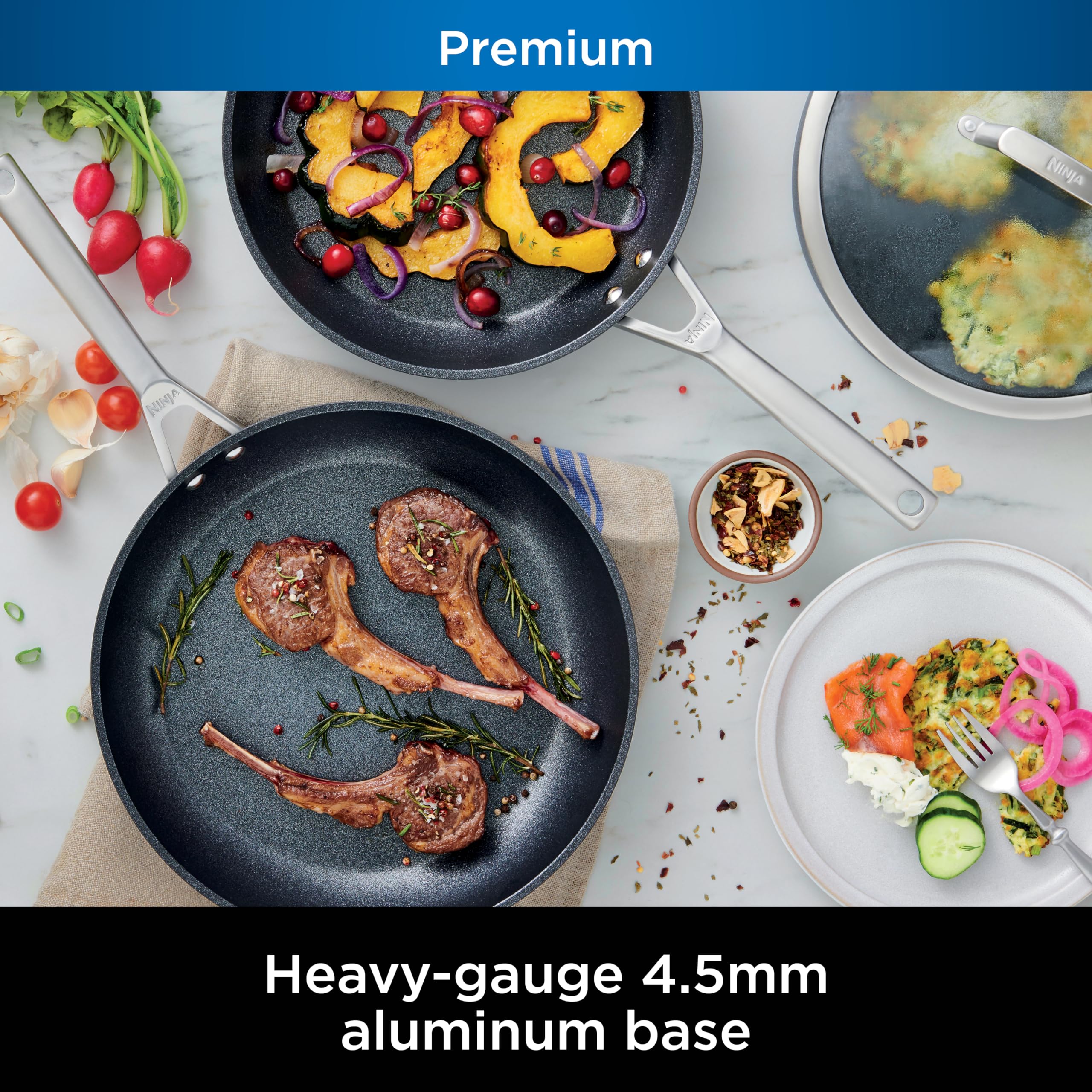 Ninja NeverStick stainless steel handles provide secure grip and durability.