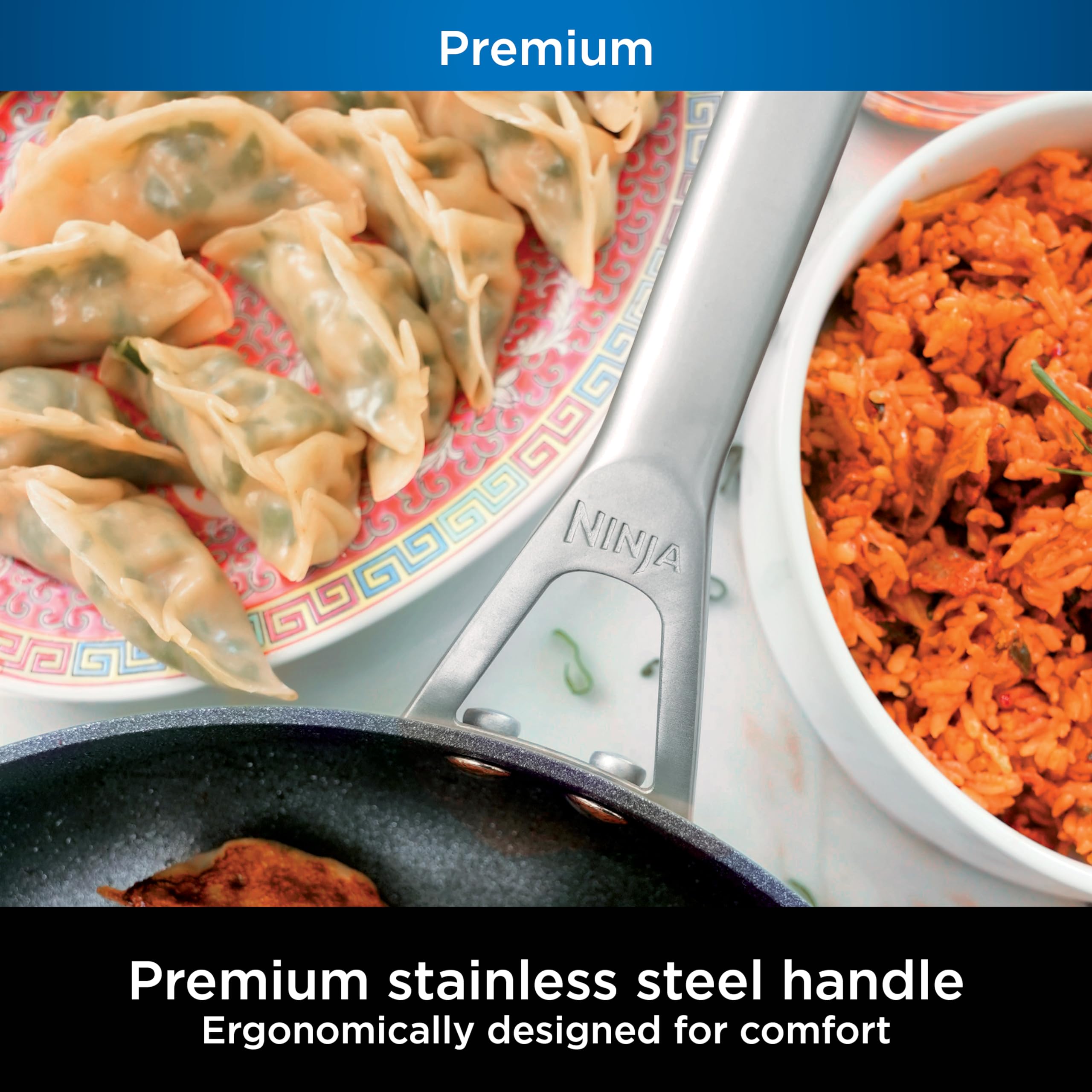Ninja NeverStick tempered glass lid for easy meal monitoring.