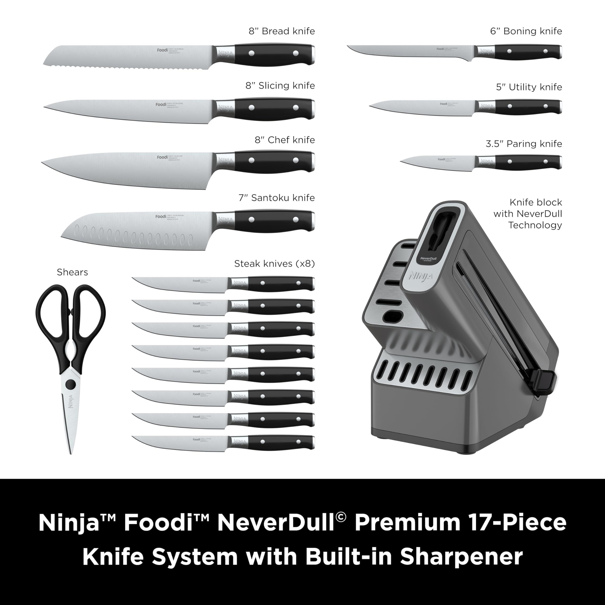 Ninja K32017 8-inch chef knife features razor-sharp German stainless blade for precise chopping.