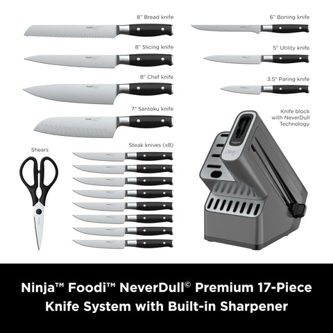 Ninja K32017 8-inch chef knife features razor-sharp German stainless blade for precise chopping.