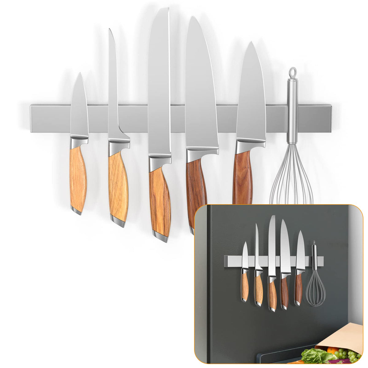 Ninonly 16-inch magnetic knife strip on fridge securely holds your full knife set.
