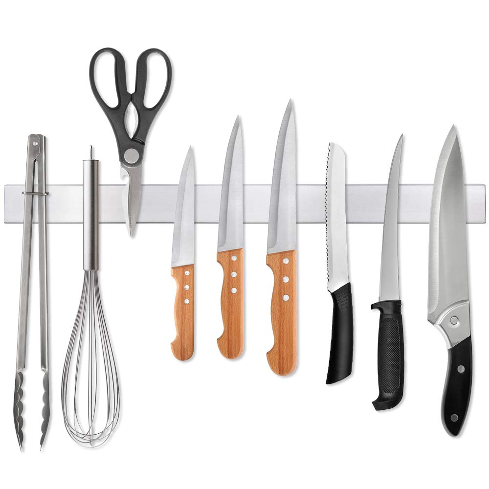 Ninonly 16-inch magnetic knife strip securely holds knives for quick access.