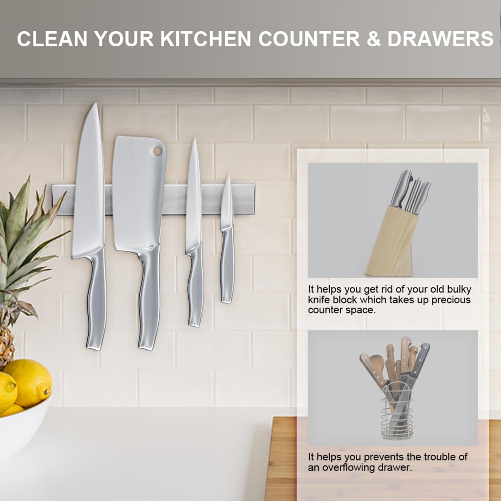Adhesive magnetic strip option is quick to install on smooth surfaces.