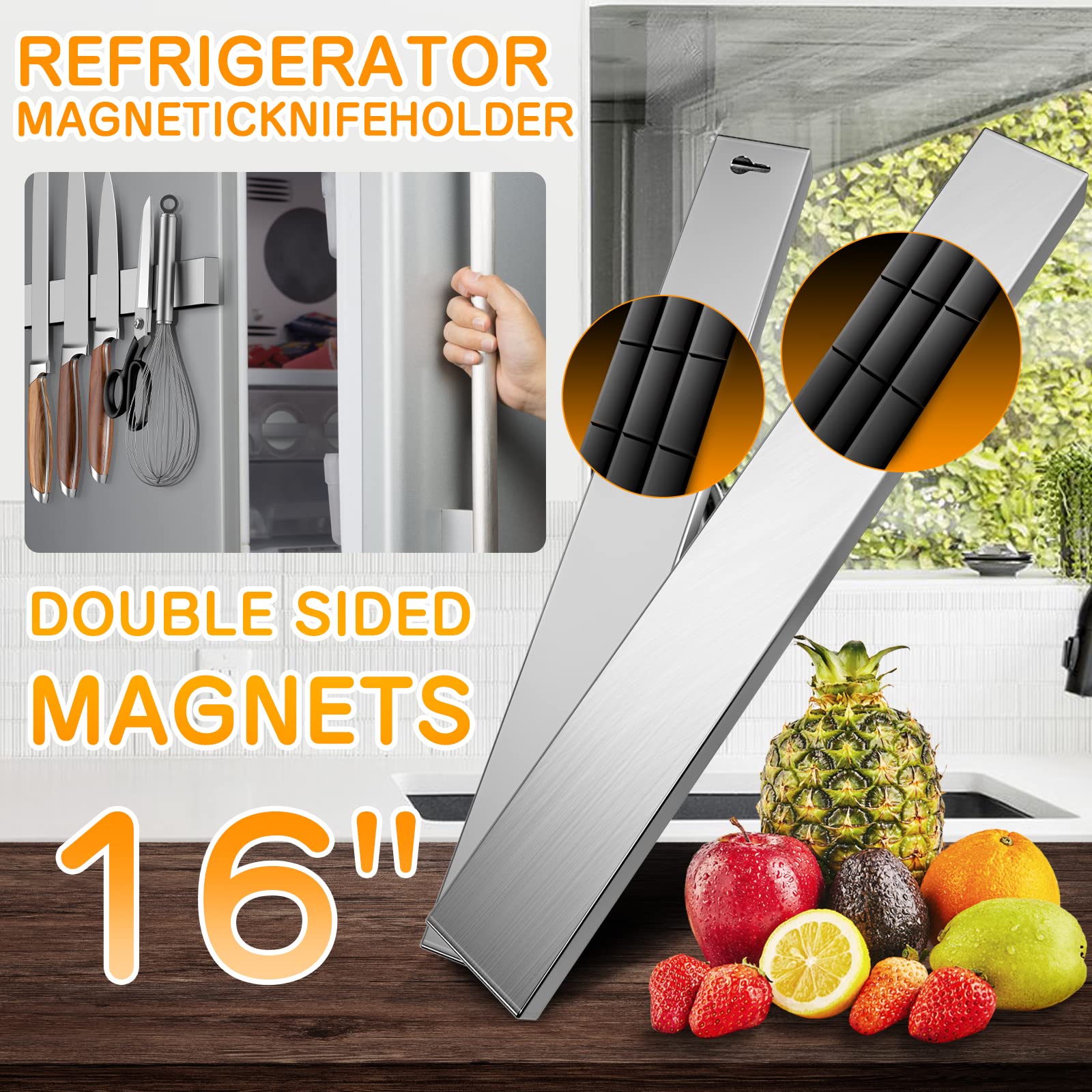 Ninonly double-sided magnetic knife strip for wall or fridge mounting.