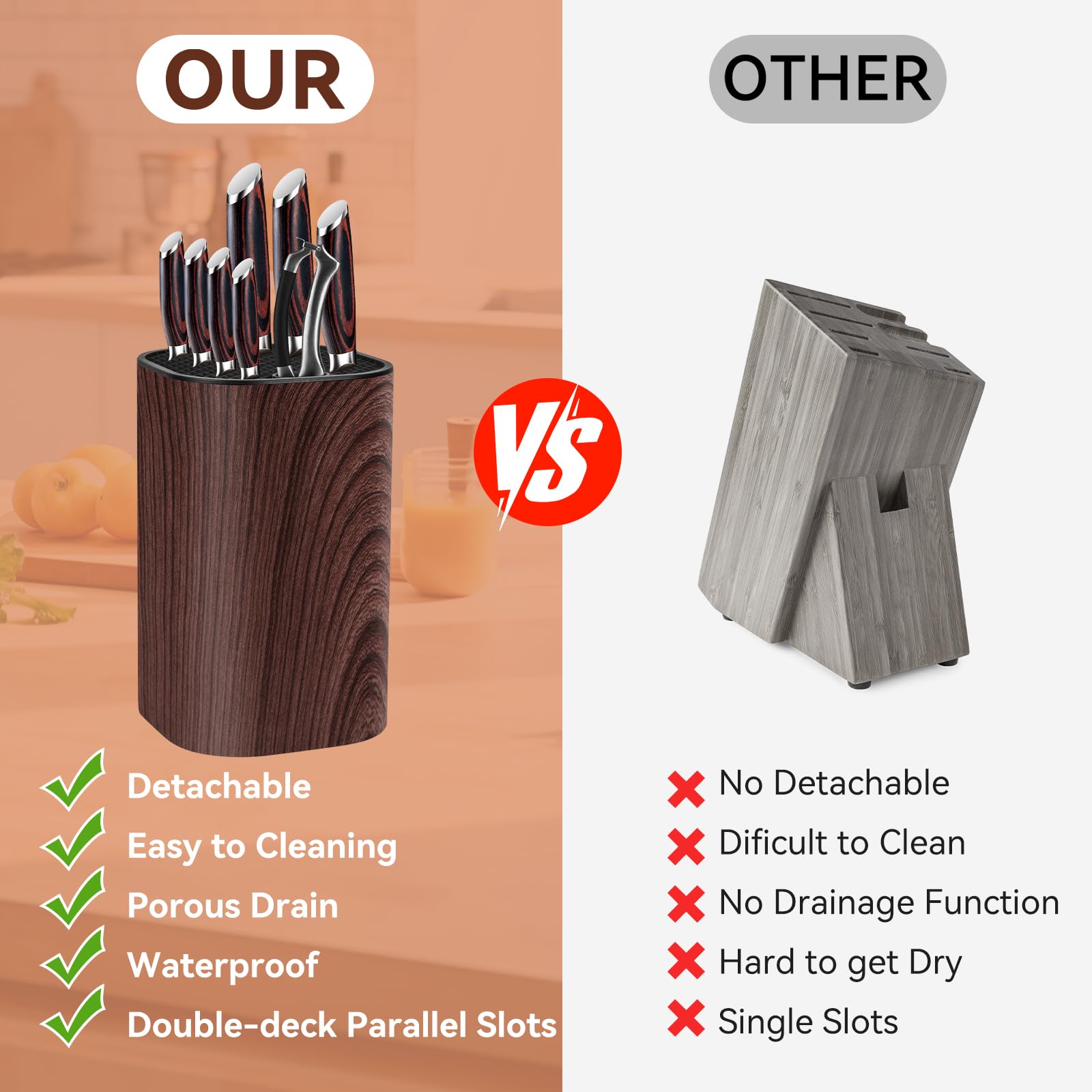 Ninonly knife block stores knives, scissors, and sharpening rod in one spot