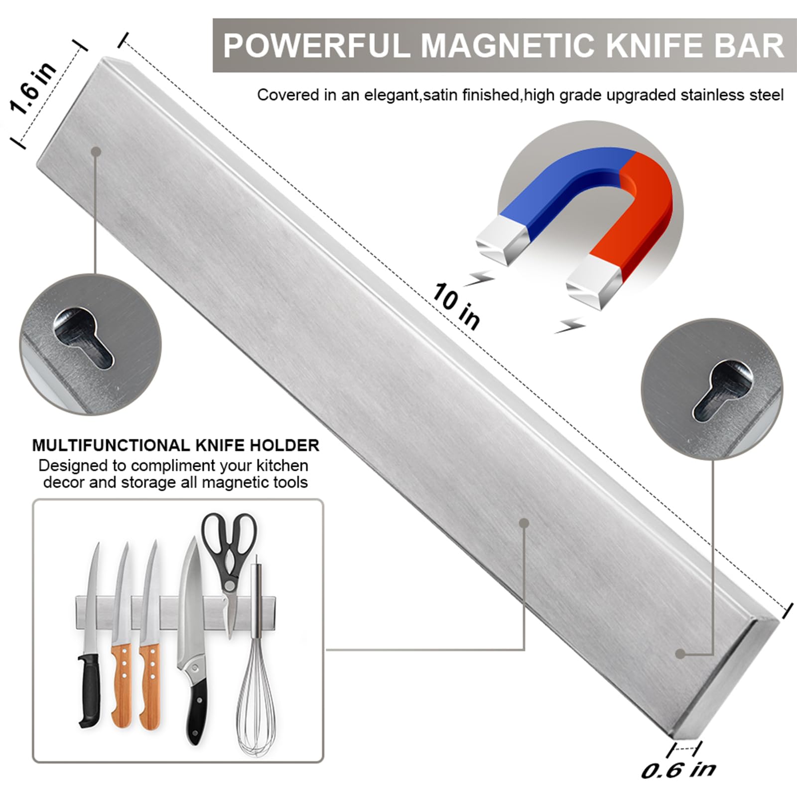 Premium stainless steel knife strip by Ninonly adds durable, corrosion-resistant organization.