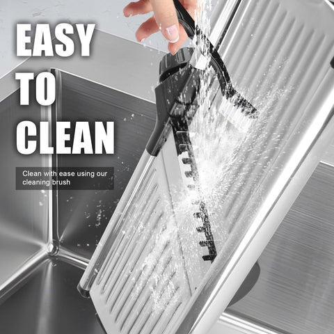 NIOSAVM mandoline slicer easy-clean brush aids crevice cleaning.
