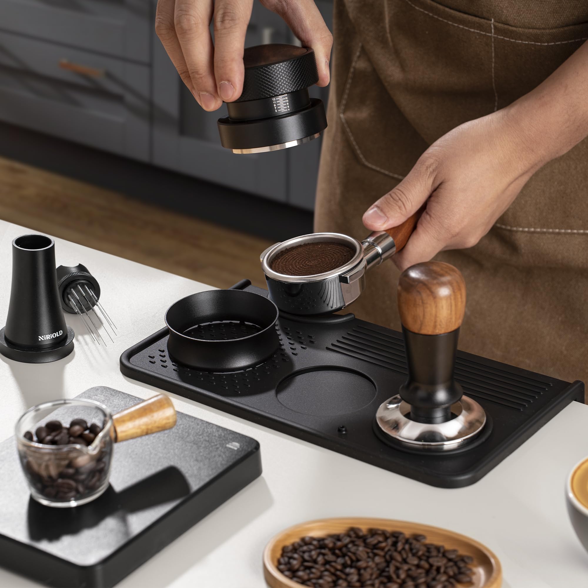 NiRiOLD espresso tamping mat top view highlights compact design